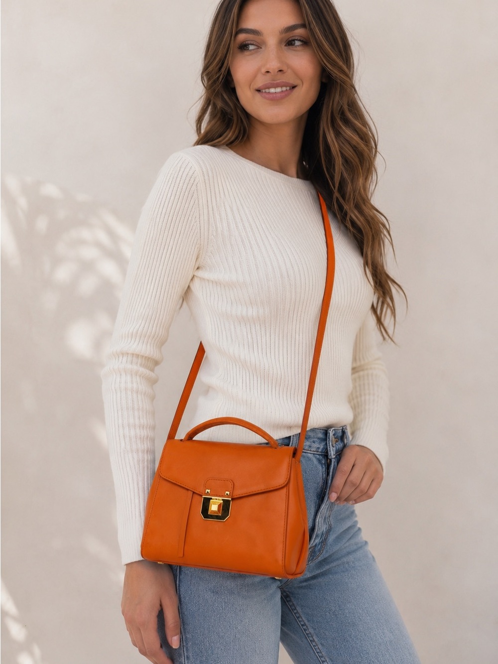 MCM Orange Leather Top Handle Crossbody Bag